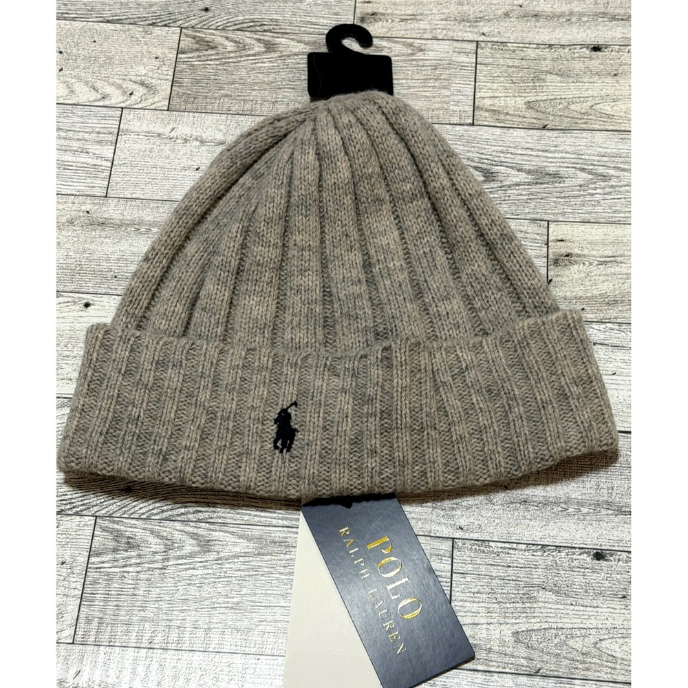 NWT Polo RALPH LAUREN Logo Pony Gray WOOL Knit Cuffed Beanie HAT Cap Mens OS NEW